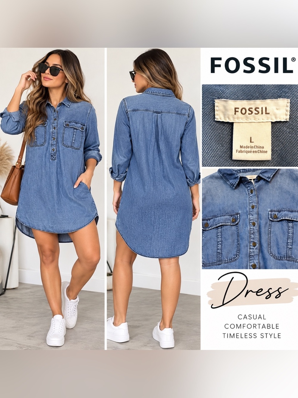 Fossil  Blue Denim Shirt Dress size L